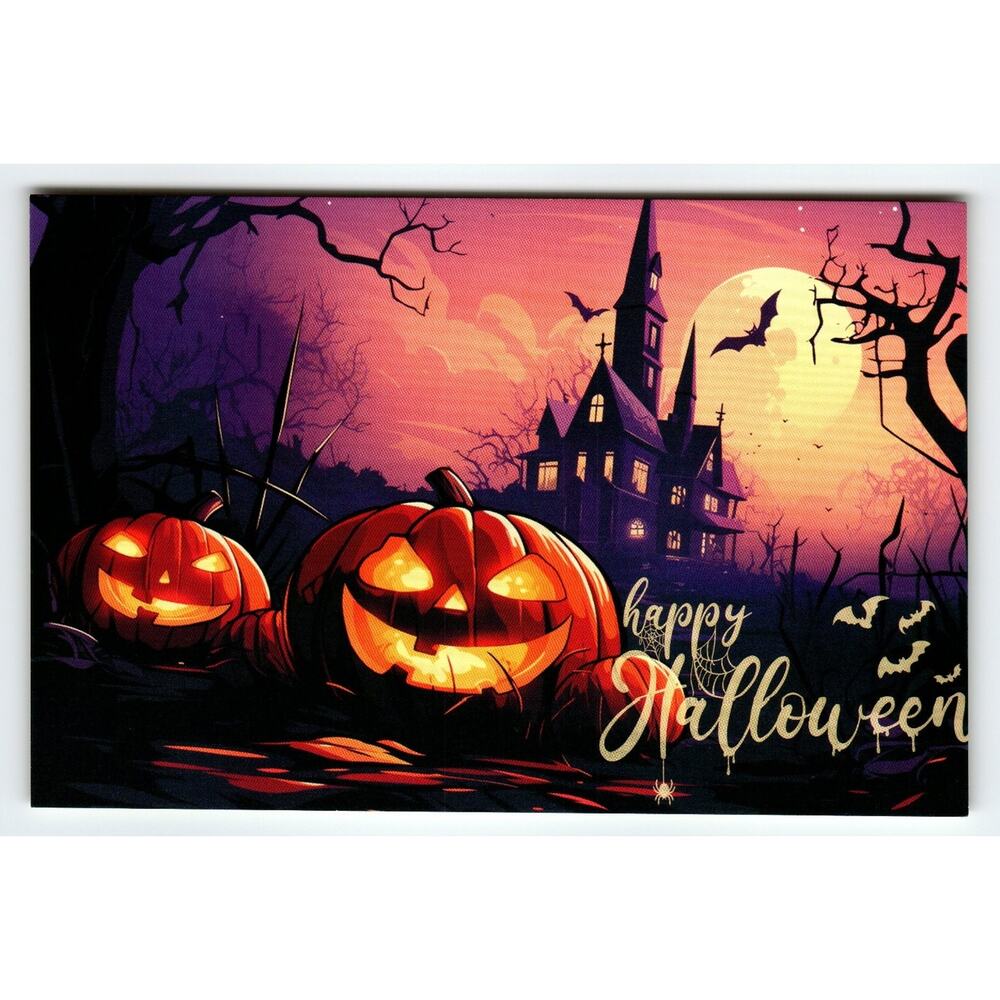 Vintage Halloween Postcard Jack-o'-Lanterns Haunted House Full Moon